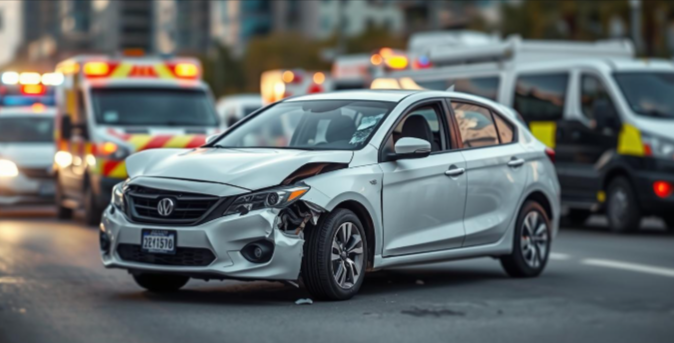 Ein in einen leichten Unfall verwickelter Mietwagen mit zerknitterten Kotflügeln und zersplittertem Glas, umgeben von Einsatzfahrzeugen, im Hintergrund ein verschwommenes Stadtbild