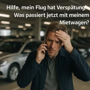 Besorgter Mann in Flughafen-Parkgarage mit Smartphone – fragt sich, ob sein Mietwagen trotz Flugverspätung noch verfügbar ist