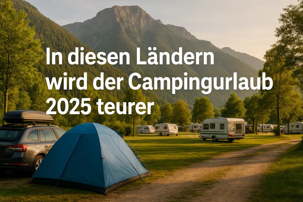 Campingpreise 2025: Familie campt günstig in Deutschland vor Wohnwagen bei Sonnenuntergang