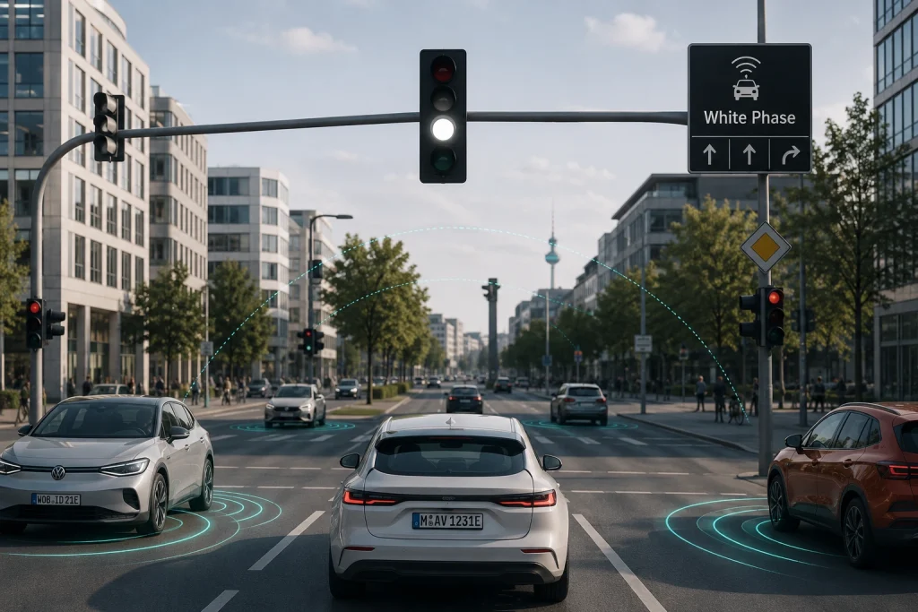 Weiße Ampel im Verkehr der Zukunft