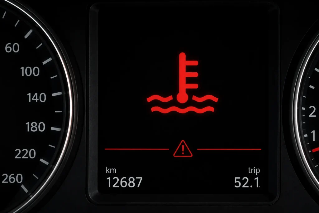 Warnsymbol für niedrigen Kühlmittelstand im digitalen Kombiinstrument eines Autos