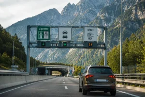 Ein Auto auf der Autobahn mit Maut- und Vignettenschildern