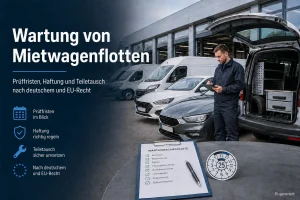 Mann mit Wartungscheckliste vor geöffneter Kofferraumklappe eines Autos